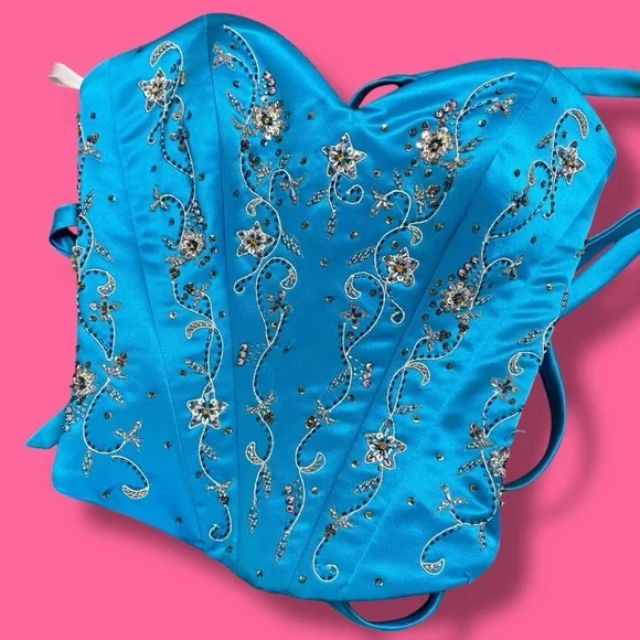 Vintage 1990s y2k Tiffany Designs Blue Hand Beaded Satin Corset Top Size 6 - Picture 2 of 5